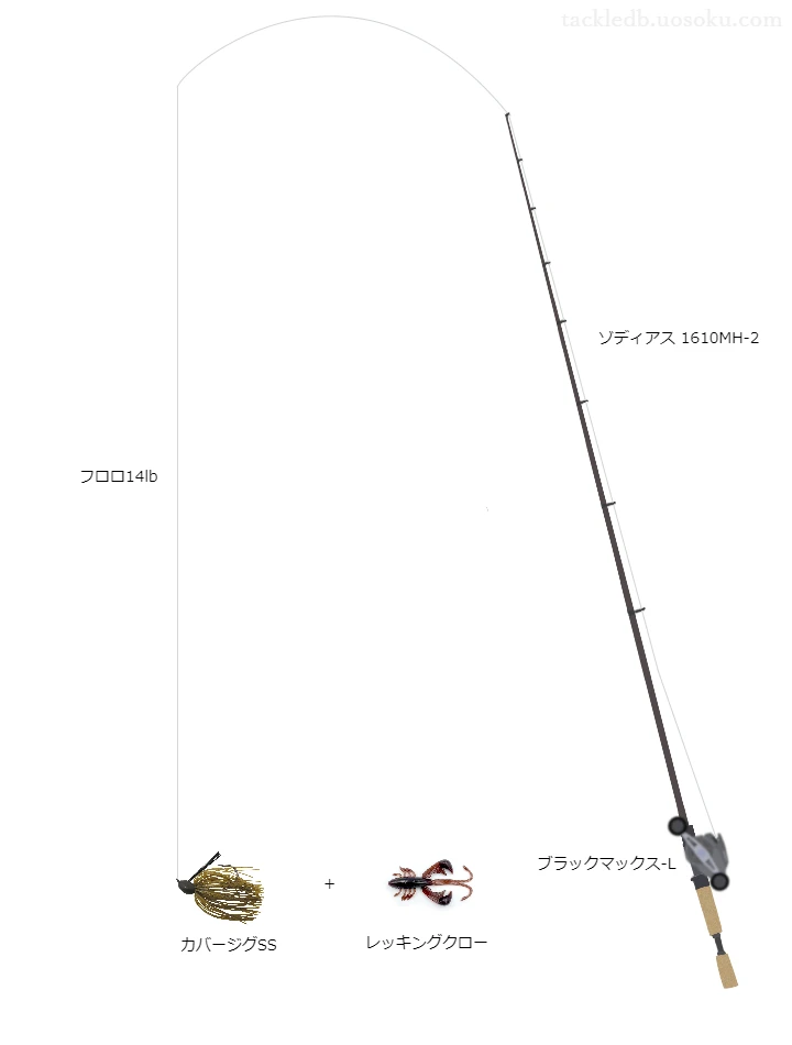 カバージグSS14gのためのバス釣りタックル。シマノのロッドとアブガルシアのリール