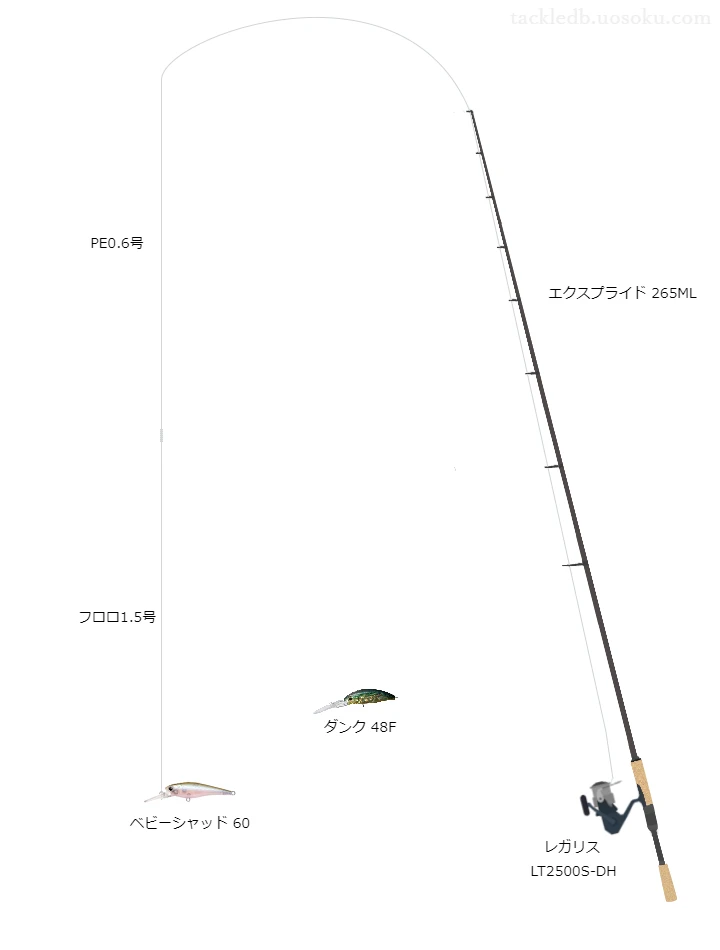 エクスプライド265MLとダイワのリールでベビーシャッド60を使用するタックル