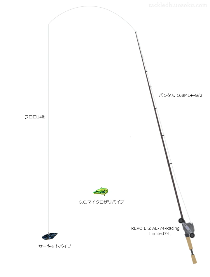 サーキットバイブ1/4ozのためのバス釣りタックル。シマノのロッドとアブガルシアのリール