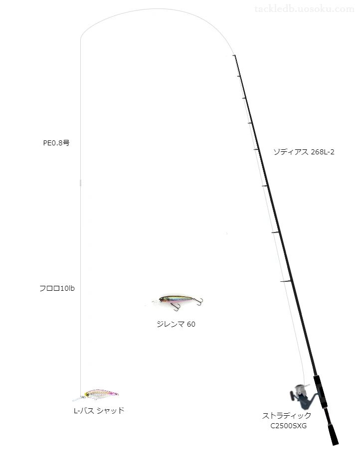 L-バスシャッドのためのバス釣りタックル。シマノのロッドとシマノのリール