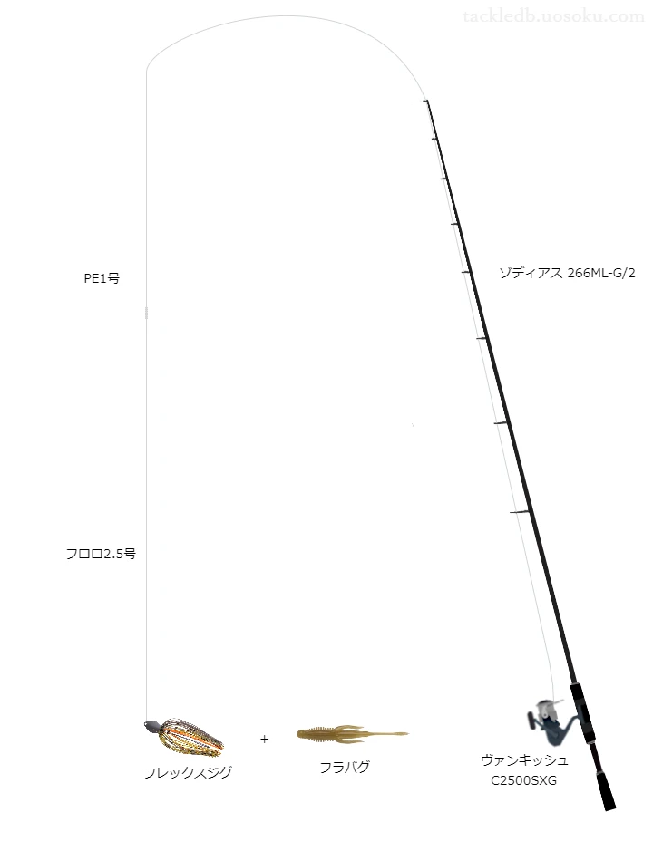 フレックスジグのためのバス釣りタックル。シマノのロッドとシマノのリール