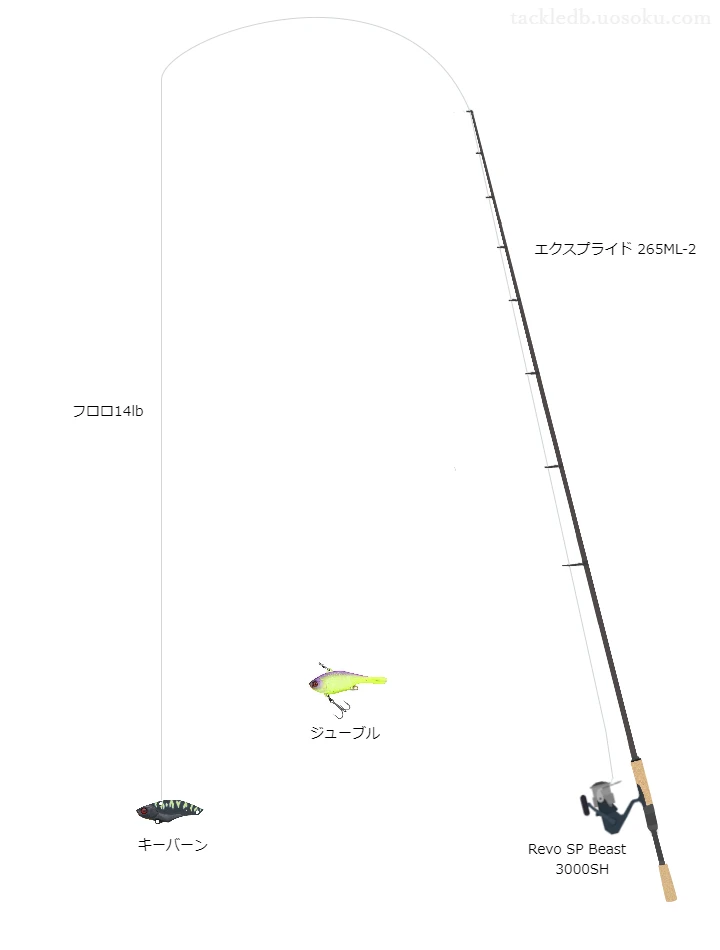 キーバーン1/4ozのためのバス釣りタックル。シマノのロッドとアブガルシアのリール