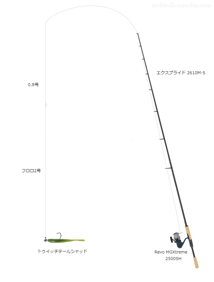 エクスプライド2610M-Sとアブガルシアのリールでトゥイッチテールシャッド5インチミドストを使用するタックル