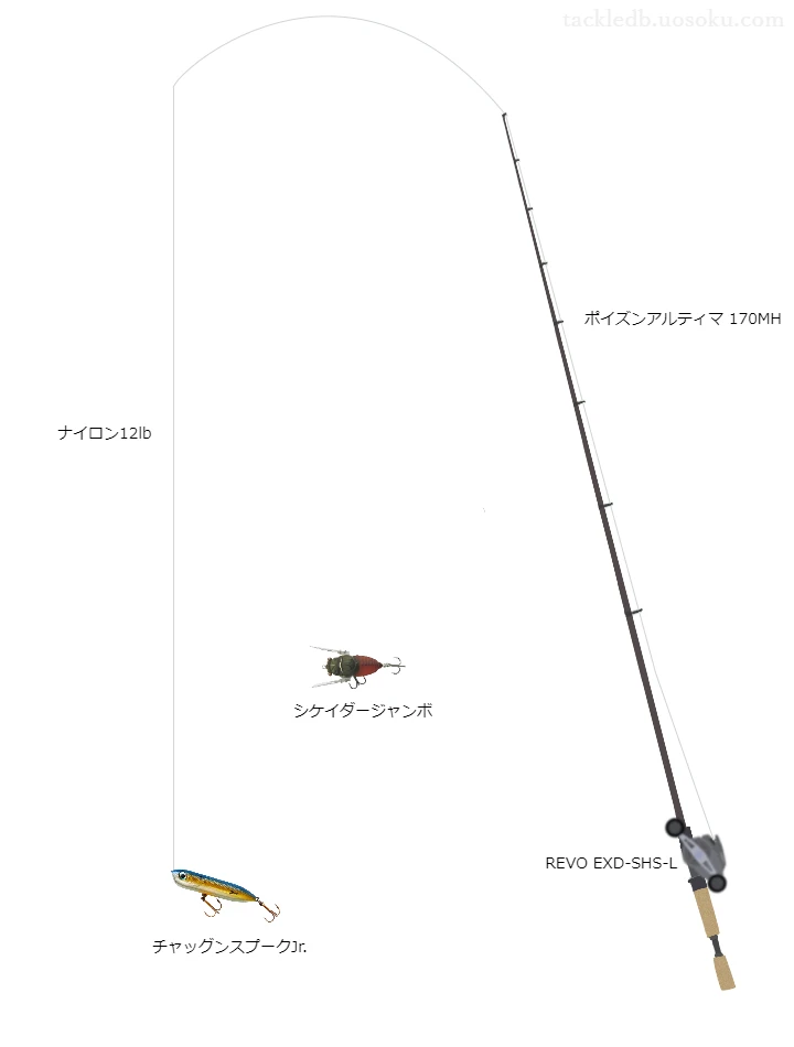 ポイズンアルティマ170MHとREVOEXD-SHS-L及びチャッグンスプークJr.ラインによるバス釣りタックル