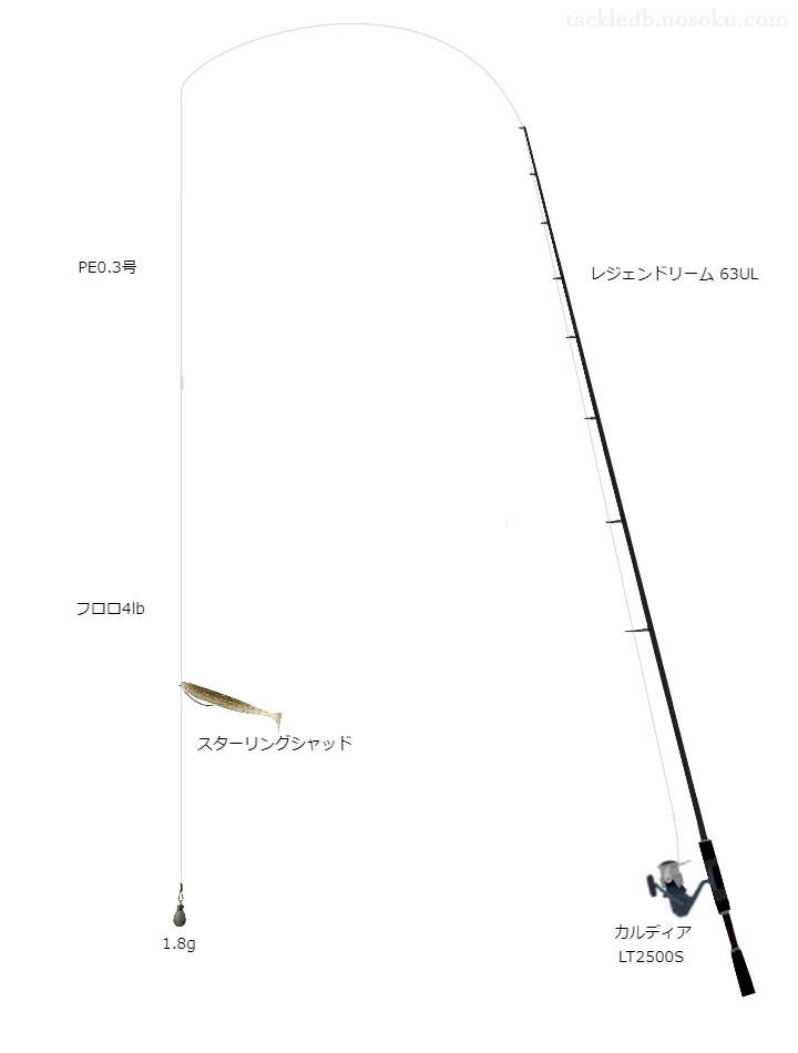 レスターファインのロッドとダイワのリールでスターリングシャッド2.8インチを使うバスタックル。【北湖】