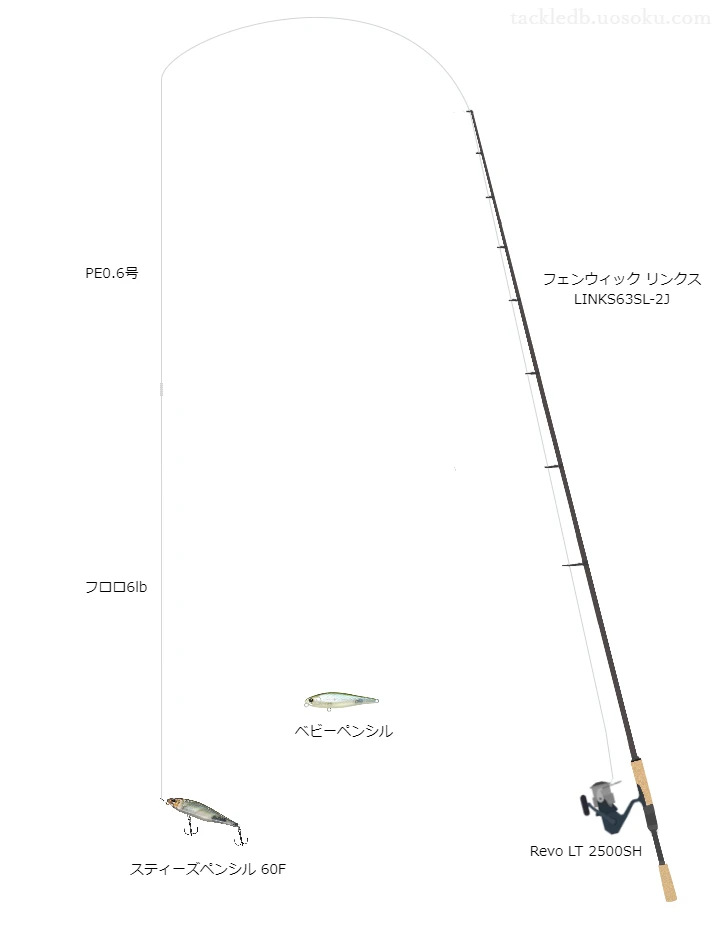 フェンウィックリンクスLINKS63SL-2JとレボLT2500SH及びスティーズペンシル60Fによるバス釣りタックル