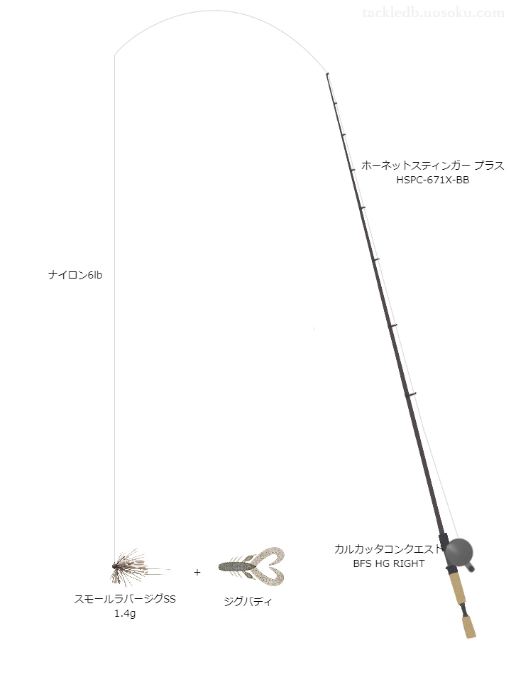 ホーネットスティンガープラスHSPC-671X-BBとカルカッタコンクエストBFSHGRIGHT及びスモールラバージグSS1.4gによるバス釣りタックル