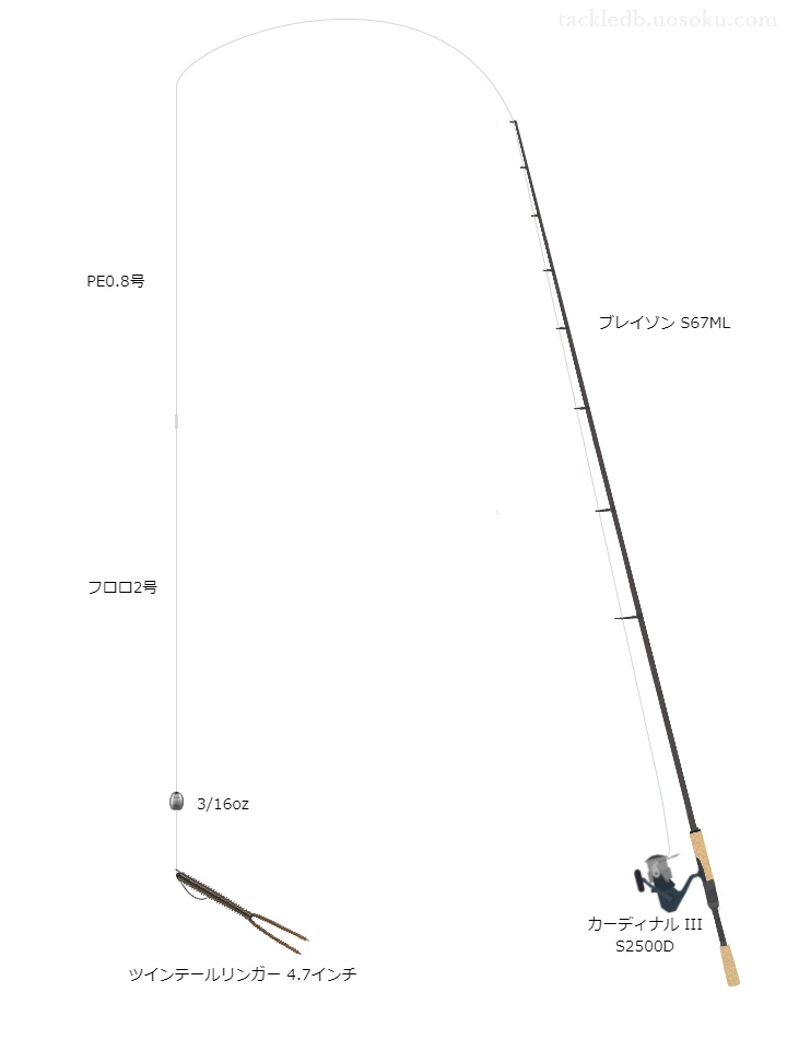 スピニングPEforBASS0.8号とエメラルダスリーダー2号を使用したバスタックル【ブレイゾンS67ML】