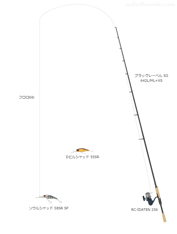 ソウルシャッド58SRSPのためのバス釣りタックル。ダイワのロッドとメガバスのリール