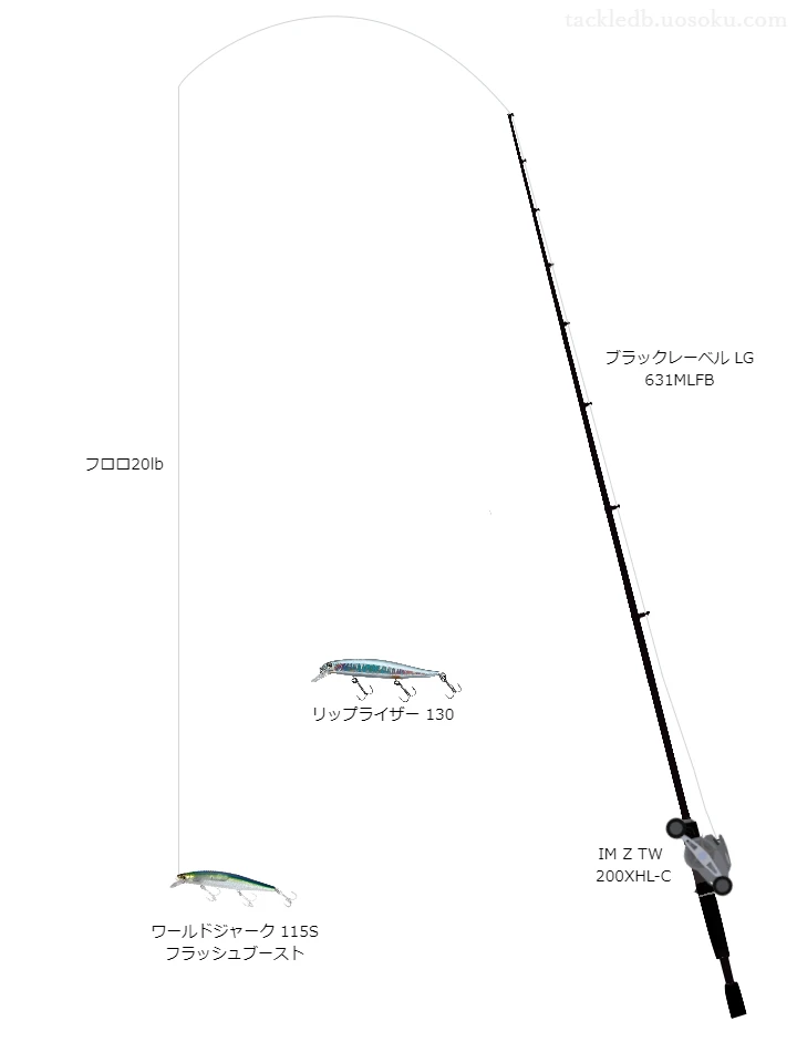 ワールドジャーク115Sフラッシュブーストのためのバス釣りタックル。ダイワのロッドとダイワのリール