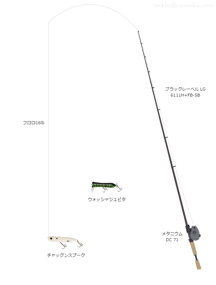 チャッグンスプークのためのバス釣りタックル。ダイワのロッドとシマノのリール