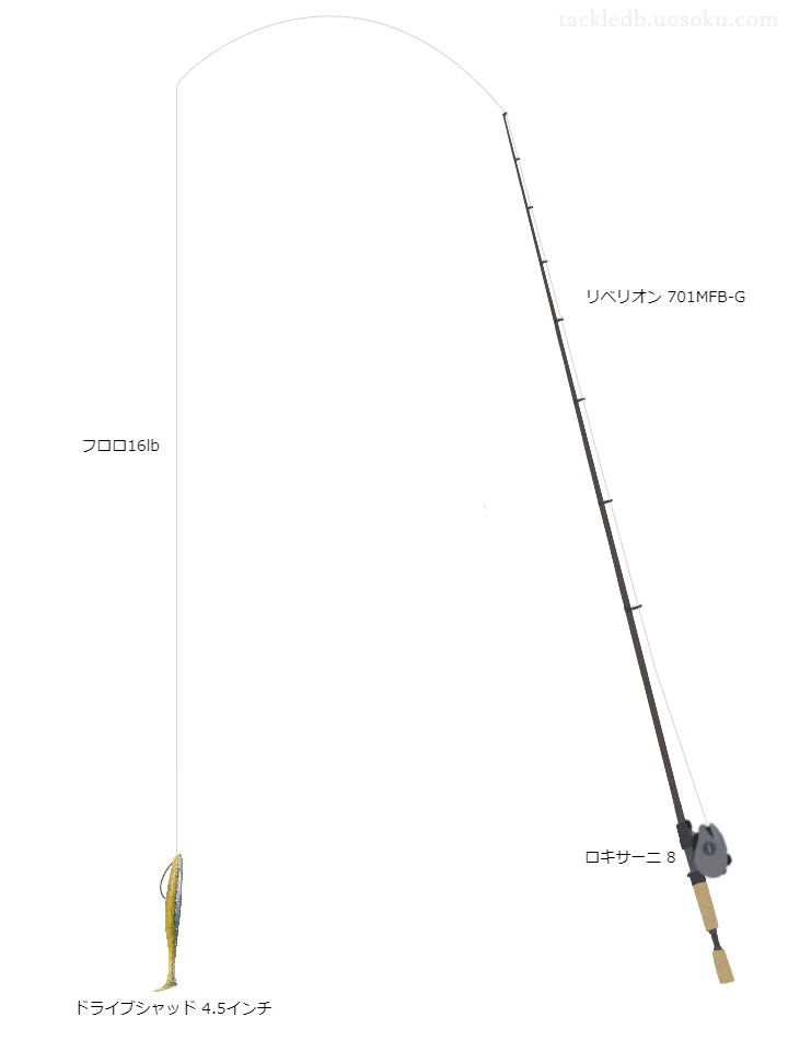 リベリオン701MFB-Gとアブガルシアのリールでドライブシャッド4.5インチノーシンカーリグを使用するタックル