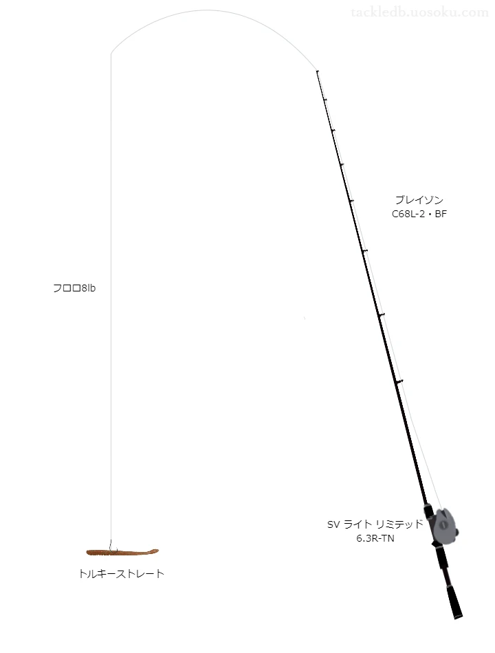 ブレイゾンC68L-2・BFとSVライトリミテッド6.3R-TN及びトルキーストレート3.8インチネコリグによるバス釣りタックル