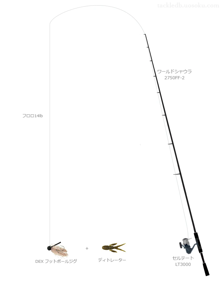 ワールドシャウラ 2750FF-2とセルテート LT3000,DEX フットボールジグによるバス釣りタックル【仮想インプレ】