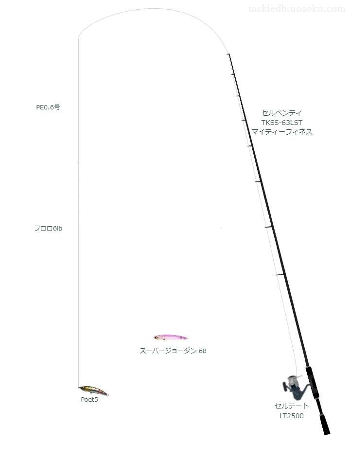 UVF PEデュラセンサー×12EX+Si3 0.6号とbit LINE LEADER SUPER STRONG 6lbを使用したスピニングタックル【セルペンティ TKSS-63LST マイティーフィネス】