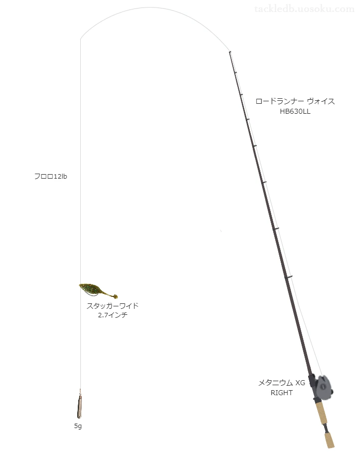 スタッガーワイド 2.7インチでフックにDAS オフセット #2/0を使うバス釣りタックル【ロードランナー ヴォイス HB630LL】