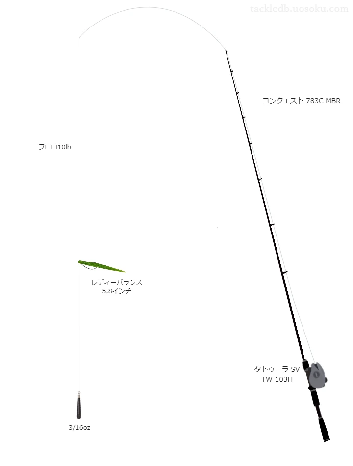 コンクエスト 783C MBRとダイワのリールでレディーバランス 5.8インチダウンショットリグを使用するタックル