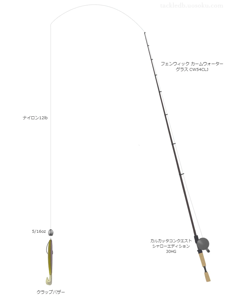  カームウォーター グラス CW54CLJとシマノのリールでクラップバザーテキサスリグを使用するタックル