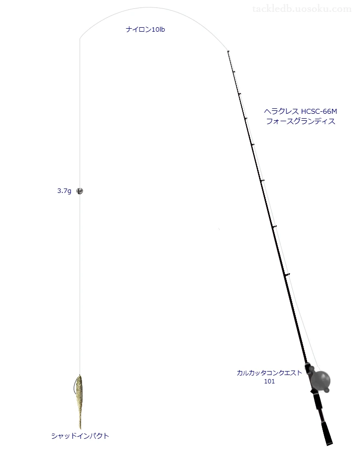  HCSC-66Mフォースグランディスとシマノのリールでシャッドインパクトスプリットショットリグを使用するタックル