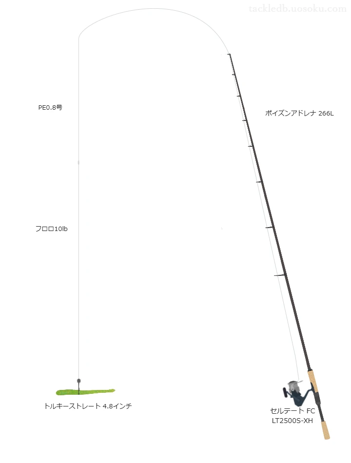 トルキーストレート4.8インチでフックに根魚玉ブラック 3gを使うバス釣りタックル【ポイズンアドレナ 266L】