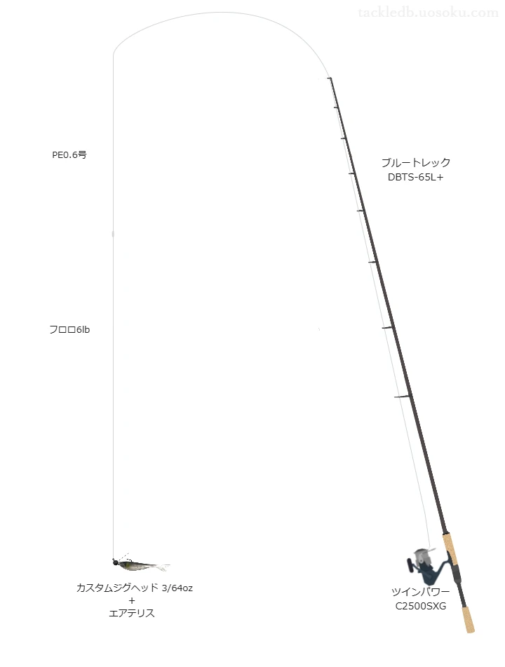 ブルートレック DBTS-65L+とシマノのリールでエアテリスジグヘッドリグを使用するタックル