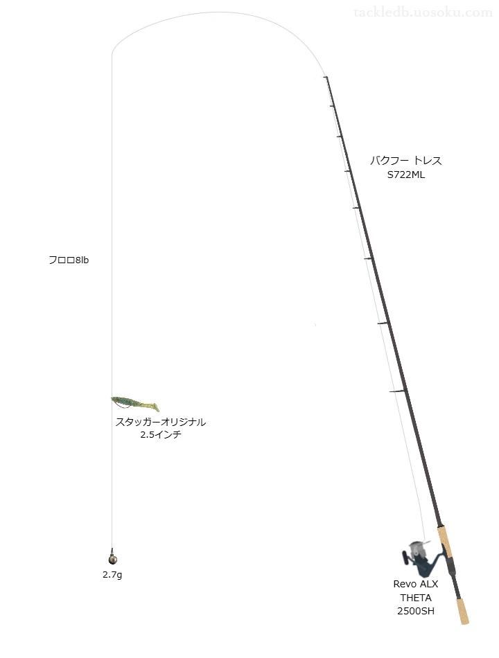 ロッドはテイルウォーク,リールはアブガルシアでスタッガーオリジナル 2.5インチダウンショットリグを使うバスタックル。【リザーバー】