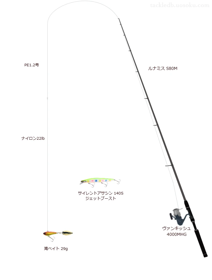 ルナミス S80M,ヴァンキッシュ 4000MHG,テールスピンジグを使うシーバスタックル【仮想インプレ】