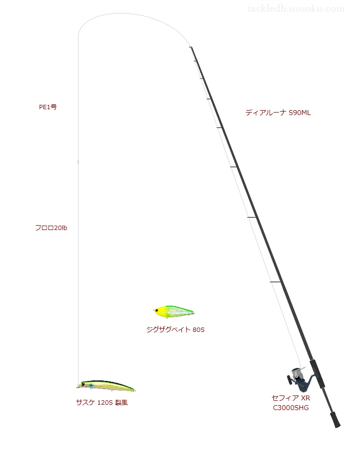 ディアルーナ S90MLとセフィア XR C3000SHG,サスケ 120S 裂風によるシーバスタックル【仮想インプレ】