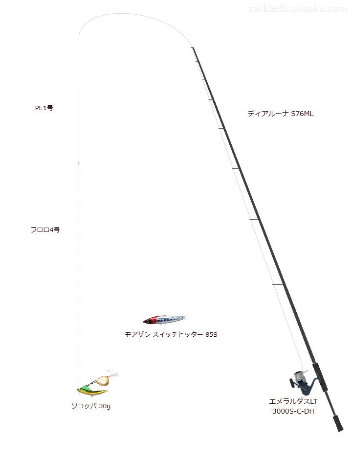 ディアルーナ S76MLとエメラルダスLT 3000S-C-DHを組み合わせたシーバスタックル【仮想インプレ】