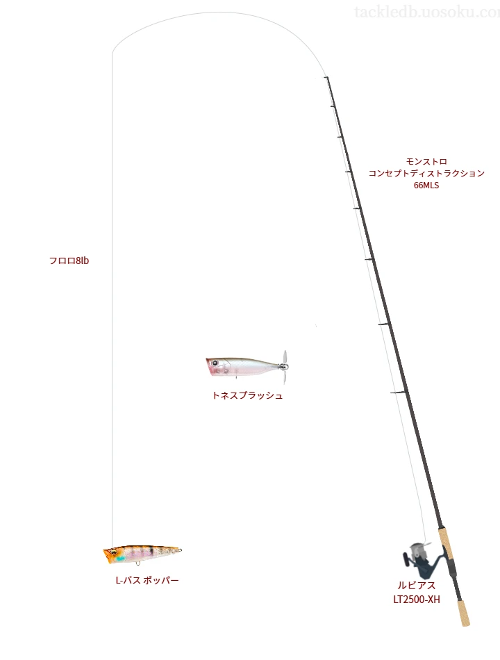 モンストロ コンセプトディストラクション 66MLSとダイワのリールでL-バス ポッパーを使用するタックル