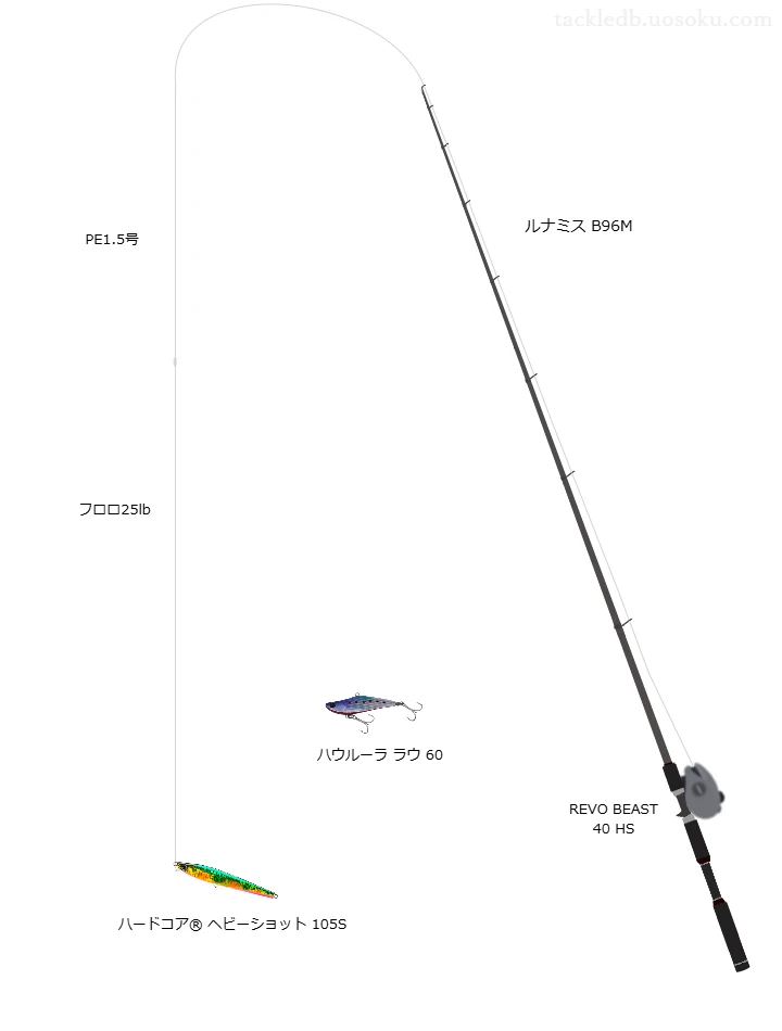 マークレスPE8 1.5号とソルティメイト カットイン 25lbを使用したベイトタックル【ルナミス B96M】