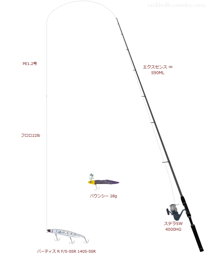 エクスセンス ∞ S90MLとシマノのリールでショアラインシャイナーZ バーティス R F/S-SSR 140S-SSRを使用するタックル