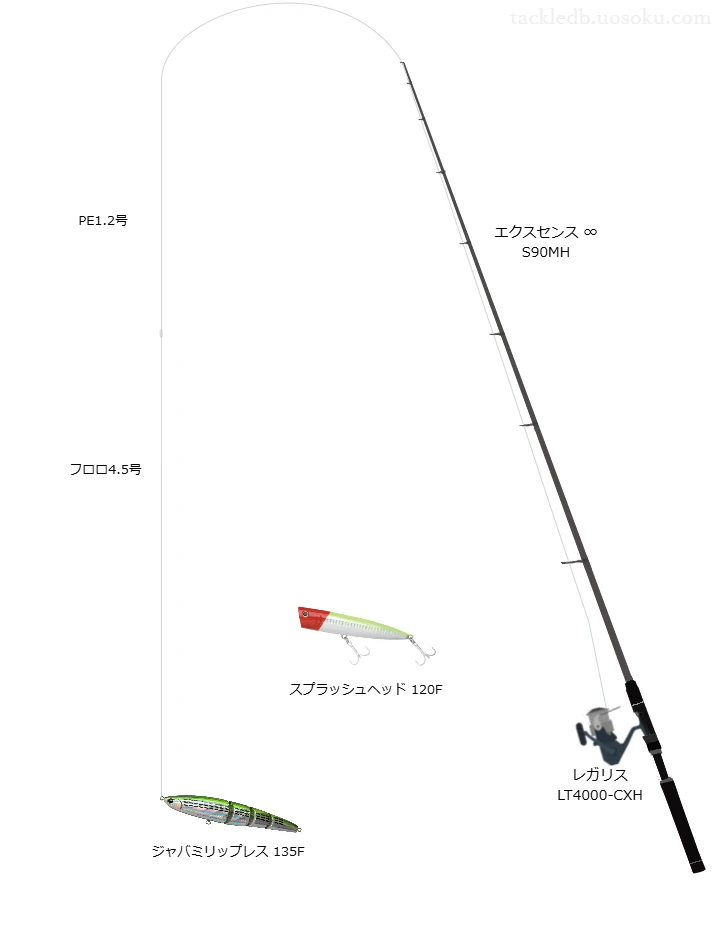 ショアジギングPE 1.2号とフロロ4.5号;*-*フロロを使用したスピニングタックル【エクスセンス ∞ S90MH】