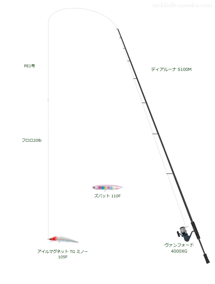 【田代島】アイルマグネット TG ミノー 105Fのためのシーバスタックル【ディアルーナ S100M】