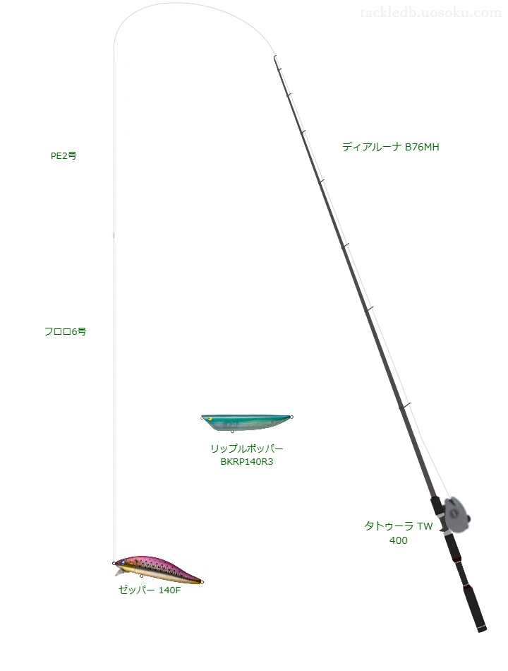 ゼッパー 140Fのためのベイトタックル。シマノのロッドとダイワのリール