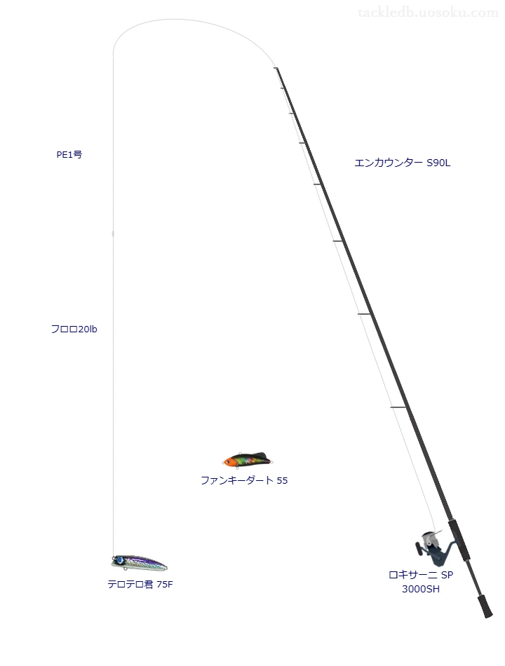 オールマイト 1号とシーバス ショックリーダー フロロカーボン 20lbを使用したスピニングタックル【エンカウンター S90L】