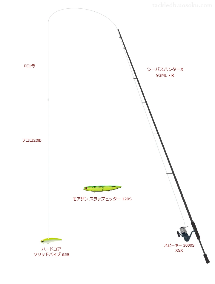 ロッドはダイワ,リールはテイルウォークでハードコア® ソリッドバイブ 65Sを使うシーバスタックル。【川内川】