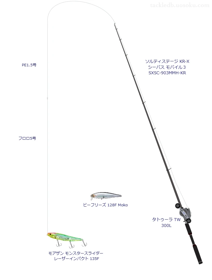 ソルティステージ KR-X シーバス モバイル3 SXSC-903MMH-KR,タトゥーラ TW 300L,ペンシルを使うシーバスタックル【仮想インプレ】