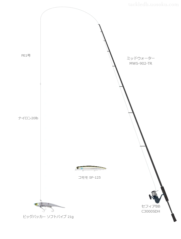 ミッドウォーター MWS-902-TRとセフィアBB C3000SDH,ビッグバッカー ソフトバイブ 21gによるシーバスタックル【仮想インプレ】