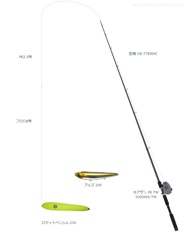 空海 CK-77EXHC,モアザン PE TW 1000XHL-TW,ペンシルを使うシーバスタックル【仮想インプレ】