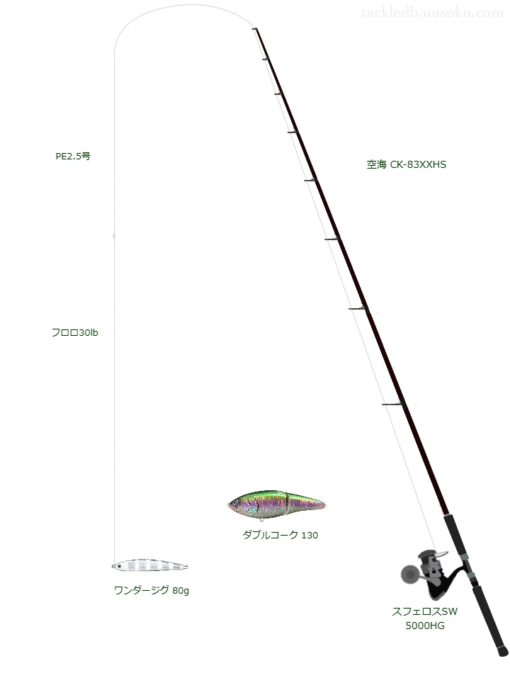 ワンダージグ 80gのためのスピニングタックル。メガバスのロッドとシマノのリール