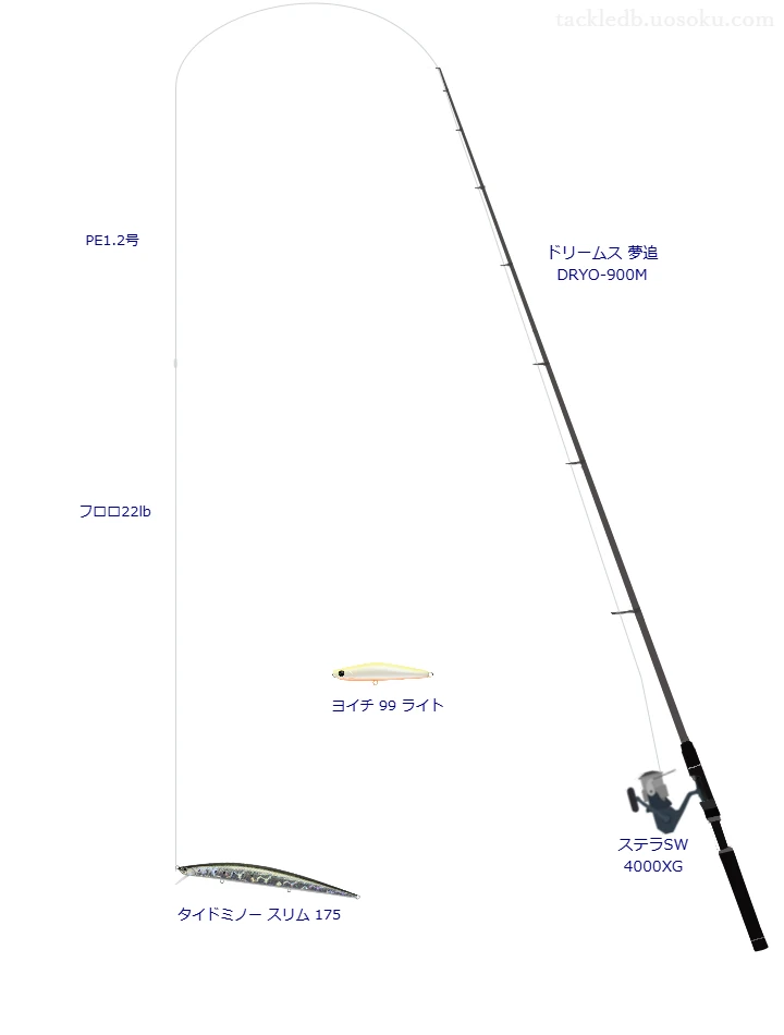 ドリームス 夢追 DRYO-900Mとシマノのリールでタイドミノー スリム 175を使用するタックル