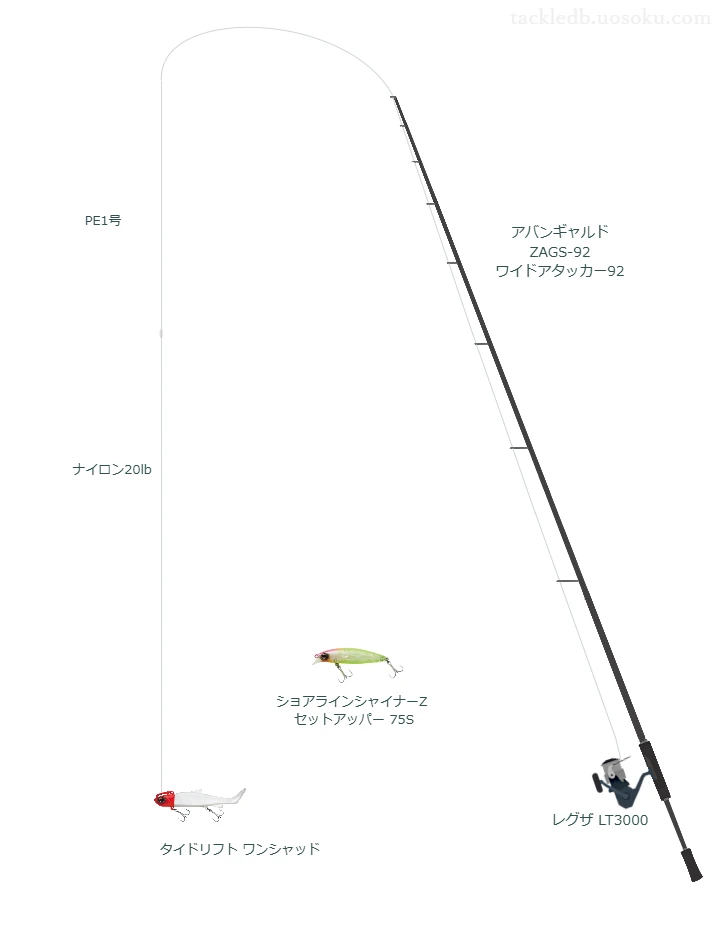 タイドリフト ワンシャッドのためのスピニングタックル。エバーグリーンのロッドとダイワのリール