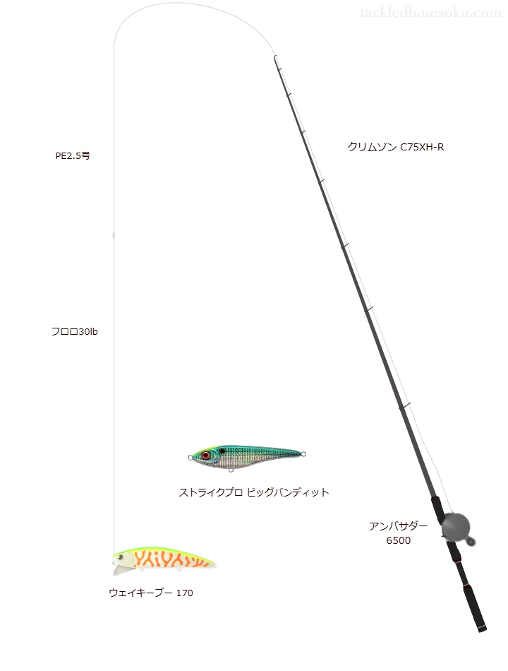 シーガー PEX8 2.5号とソルティメイト ポケットショックリーダーFC 30lbを使用したシーバスタックル【クリムゾン C75XH-R】