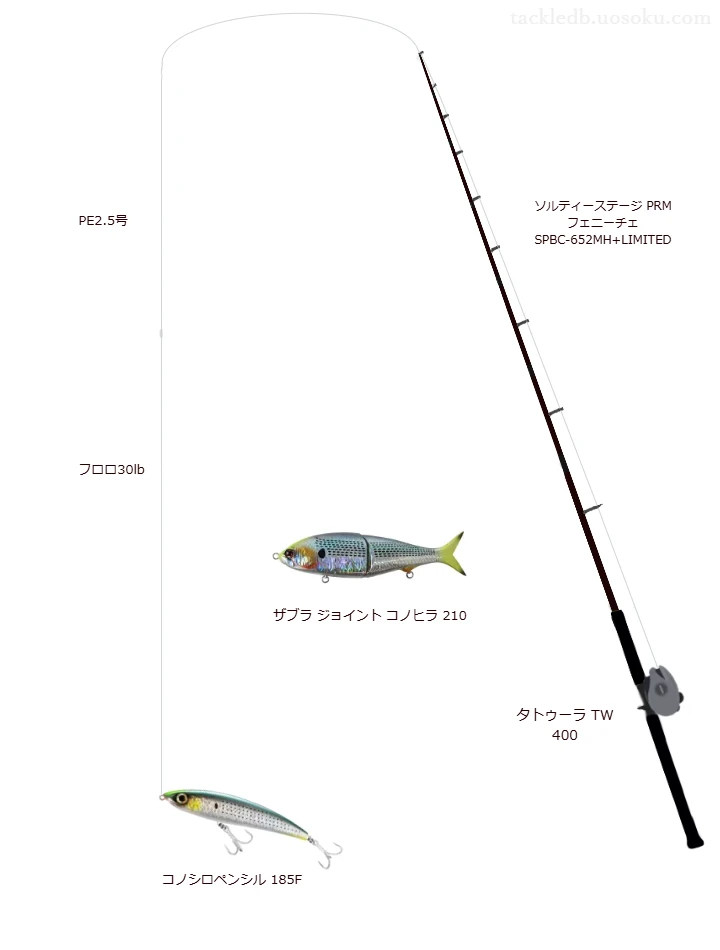 ソルティーステージ PRM フェニーチェ SPBC-652MH+LIMITEDとダイワのリールでコノシロペンシル 185Fを使用するタックル