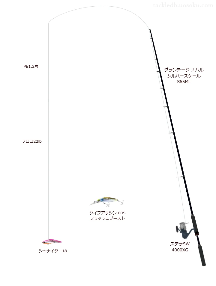 グランデージ ナバル シルバースケール S65MLとシマノのリールでシュナイダー18を使用するタックル