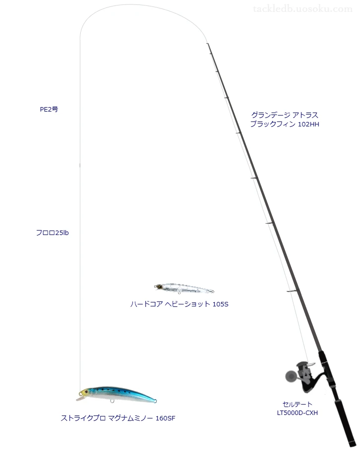 グランデージ アトラス ブラックフィン 102HHとセルテート LT5000D-CXH,ストライクプロ マグナムミノー 160SFによるヒラスズキタックル【仮想インプレ】