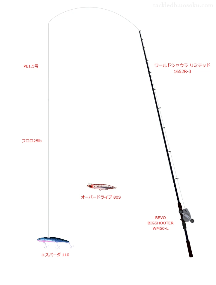 ワールドシャウラ リミテッド 1652R-3とREVO BIGSHOOTER WM50-L,エスパーダ 110によるボートシーバスタックル【仮想インプレ】