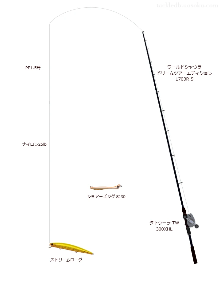 スーパーストロングPE X8 1.5号とソルティガ ナイロンリーダー 25lbを使用したシーバスタックル【ワールドシャウラ ドリームツアーエディション 1703R-5】