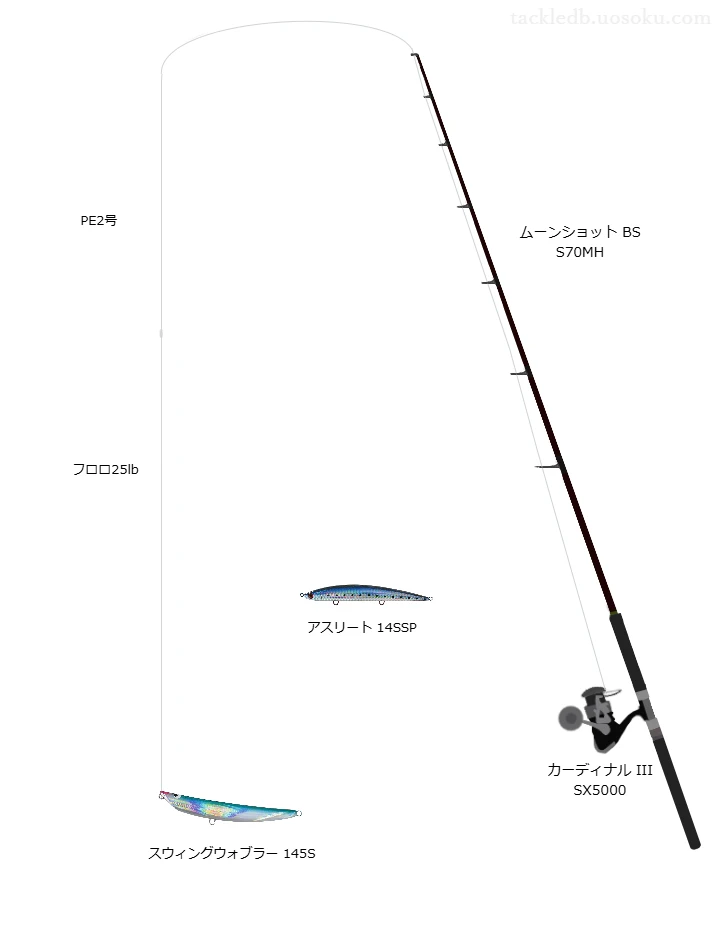ラップライン PE 2号とソルティメイト ツナギートFC 25lbを使用したシーバスタックル【ムーンショット BS S70MH】